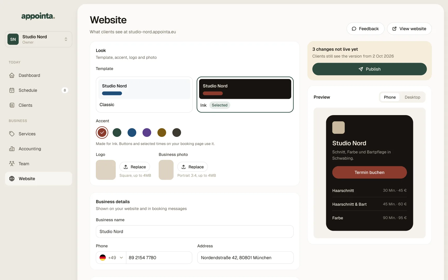The website settings in Appointa, with a preview of a booking page